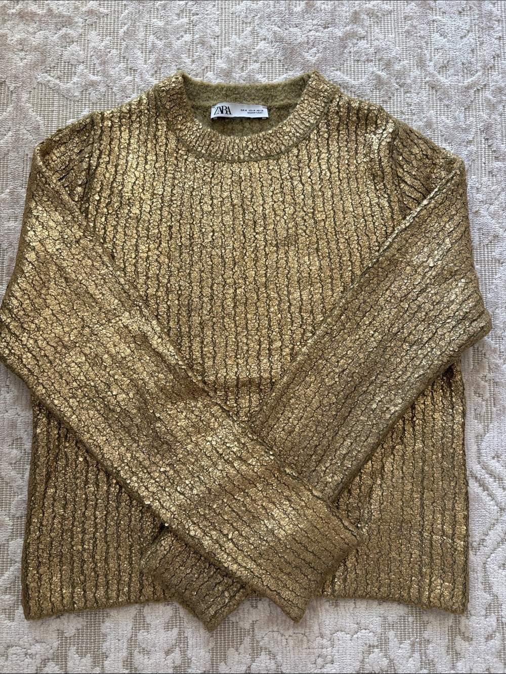 ZARA Metallic Gold Ribbed Crewneck Sweater